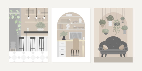 Set of interior design card, poster, banner with modern furniture in simple geometric style. Vector illustration