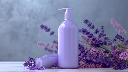 a bottle of calming lavender lotion with a serene purple color scheme, showcasing its relaxing properties and gentle formulation without visible branding.