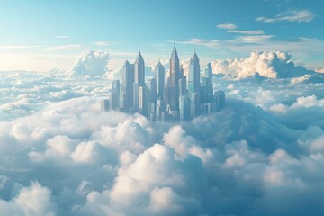 A beautiful digital painting of a city above the clouds.