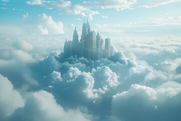 A beautiful digital painting of a city floating above the clouds.