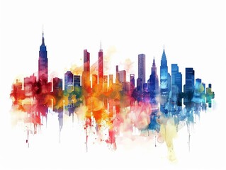 Obraz premium Skyline with evolving skyscrapers symbolizing economic growth, watercolor style