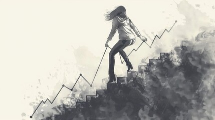Naklejka premium Businesswoman climbing a graph of rising stocks, ink illustration