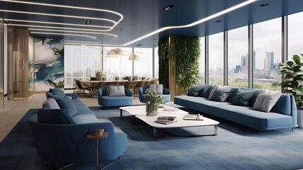 Fototapeta na wymiar an image showcasing a company meeting room that boasts a state-of-the-art 4D view and a stylish blue L-shaped sofa