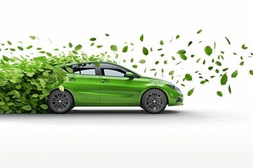 Isolated car formed by green leaves and branches on a green background. Car ecology concept.