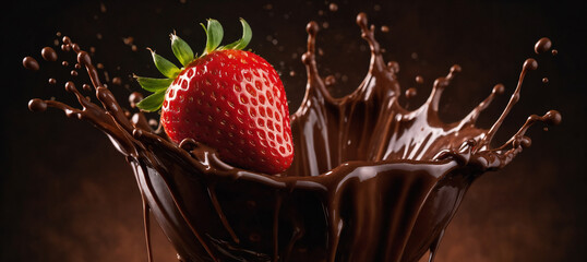 Strawberry with chocolate splash ai generated. Strawberry falling into the chocolate wave with drops. Generative AI