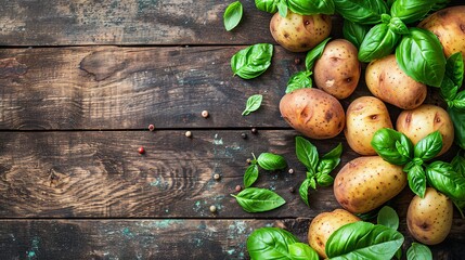 Fresh Potatoes and Basil Leaves on Rustic Wooden Background