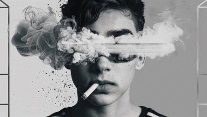 abstract illustration of sad depressed teenage blend with smoke, concept of smoking ruins line of life, health problems, no tobacco day awareness