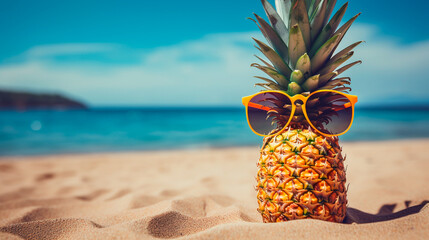pineapple and sunglasses on sandy beach background. summer vacation concept.
