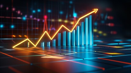 Vibrant 3D Financial Growth Chart with Rising Arrow and Digital Background