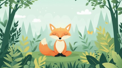 Whimsical forest with meditating fox vector illustration. Green woodland meditation theme with cartoon fox. Eco-conscious concept art featuring meditative animal in nature.