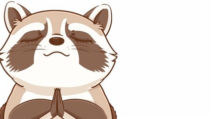 Naklejka premium Cartoon raccoon with eyes closed and hands in a prayer position on a minimalist background. Digital illustration of a peaceful raccoon in a meditative stance.