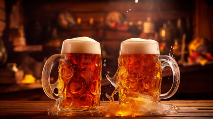 glasses of beer on wooden table