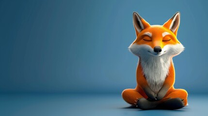 Meditative fox character sitting in a peaceful posture against a blue background. Digital illustration in 3D rendering. Mindfulness and tranquility concept.