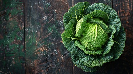 Savoy cabbage on artistic painted wooden background. Food art concept with rich texture and vibrant greens. - obrazy, fototapety, plakaty
