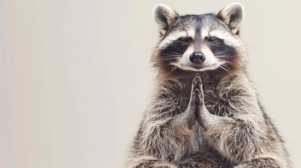 Close-up photo of a raccoon sitting calmly with hands folded, thoughtful expression on a soft-focus background.