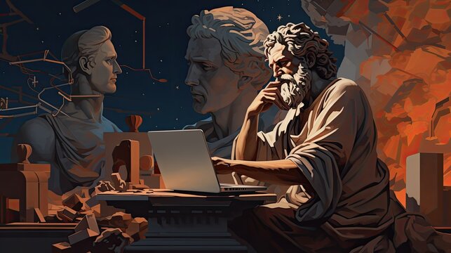 Ancient philosopher with a laptop.