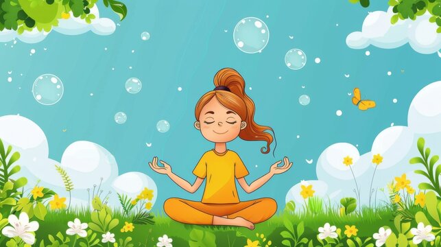 Young girl in a yoga pose enjoying the serenity of a spring meadow. Lively illustration of meditation in nature with butterflies. Colorful backdrop of a child in peaceful outdoor meditation.