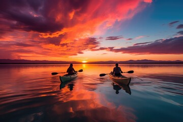 Two people are paddling kayaks on a lake at sunset. Generative ai.