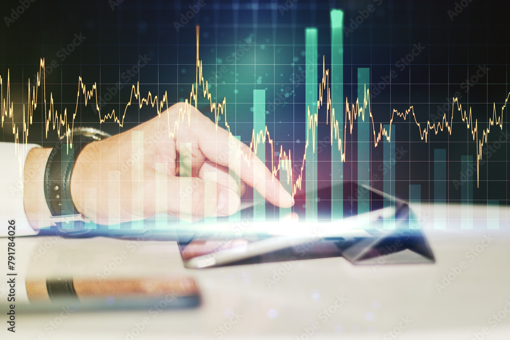 Poster multi exposure of abstract creative financial graph with finger presses on a digital tablet on backg