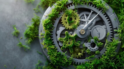 Fototapeta na wymiar Mechanical Clock Gears Crafted from Vibrant Green Grass - A of Nature and Technology Fusion