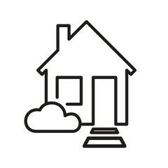 Linear icon of a house with a bush. Small house isolated on a white background.