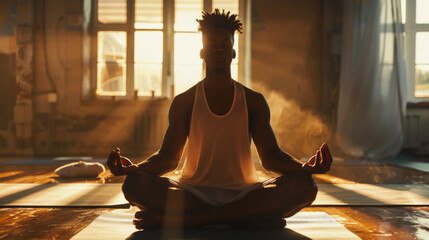 A young black man doing Meditation In the yoga room in the early morning