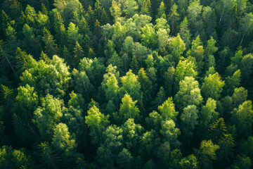 Aerial top view green forest and green trees in rural Altai, Drone photo. - obrazy, fototapety, plakaty