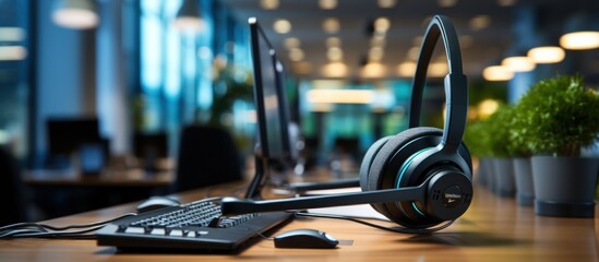 Headset with microphone and computer on table in office