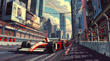 Fototapeta premium pixel art scene of a Formula One race unfolding in a vibrant pixelated cityscape