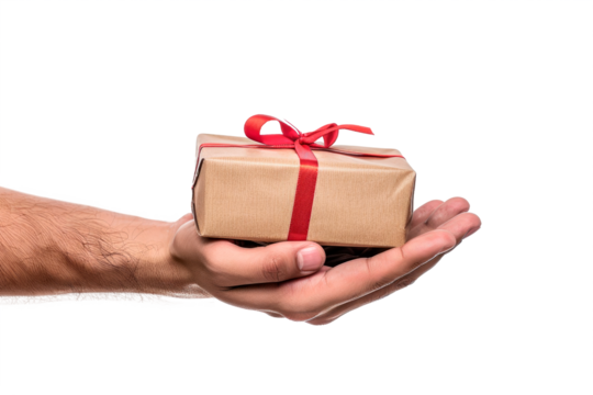 Man's hand holding a gift box isolated on a clipped PNG transparent background