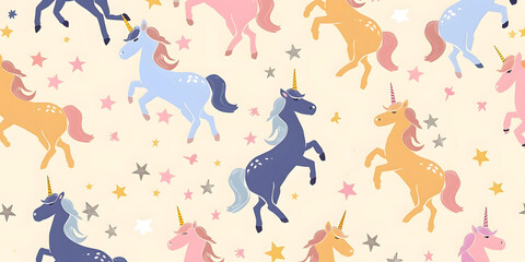 seamless pattern of childlike colorful unicorns