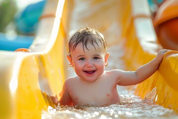 Happy baby on water slide in aqua park. Children having fun on water slides on family summer vacation in tropical resort. Amusement park with wet playground for young child and baby.