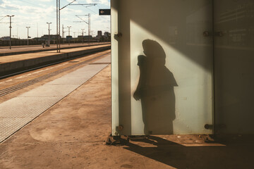 Shadow of unrecognizable human on the glass wall of the train station - 791785400