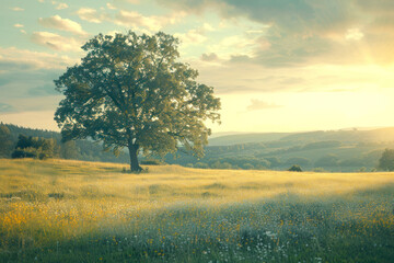 Obraz premium Countryside landscape, tree standing in the field.