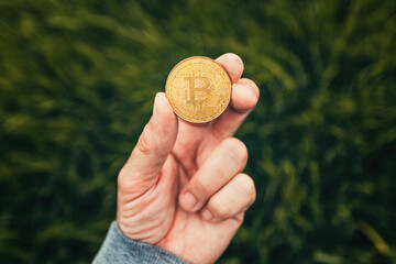 Farmer holding Bitcoin cryptocurrency coin in green barley field - 791785613