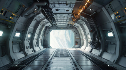 Fototapeta premium A futuristic space shuttle is shown in a tunnel with orange lights. The tunnel is long and narrow, with the shuttle sitting in the middle. The tunnel is lit up with bright orange lights