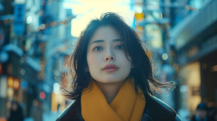 At dawn in Tokyo, a chic woman elegantly makes her way to work, her journey intertwined with the architectural marvels and vibrant energy of the city.