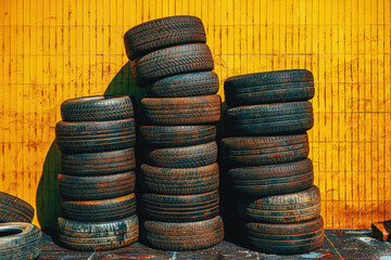 Stack of old used car tires in front of the workshop - 791786618