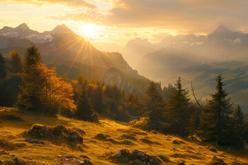 Picturesque autumn sunset in Swiss alps.