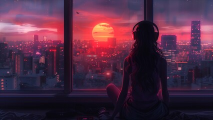 Synthwave anime manga girl, lofi background wallpaper design, anime girl, Manga Style