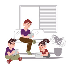 Digital native or alpha generation children using digital appliances such as laptops and phones, flat vector illustration isolated on white background. Children digital natives characters.