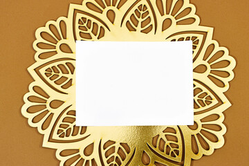 Blank greeting card, flyer or invitation card mockup. Valentines or women's day heart on brown background