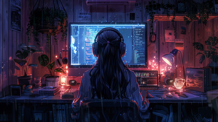 Synthwave anime manga girl, lofi background wallpaper design, anime girl, Manga Style