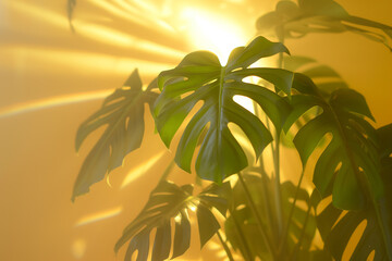 Monstera Leaves on the yellow Background: Vibrant Tropical Greenery