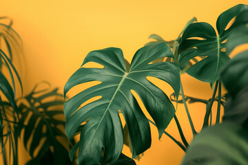 Monstera Leaves on the yellow Background: Vibrant Tropical Greenery