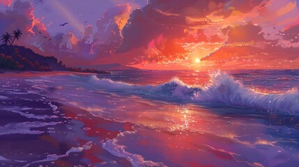 Fototapeta premium Tranquil Beach Sunset in D with Fiery Orange and Purple Hues