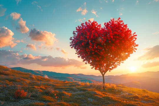 Tree of love in spring. Red heart shaped tree at sunset.