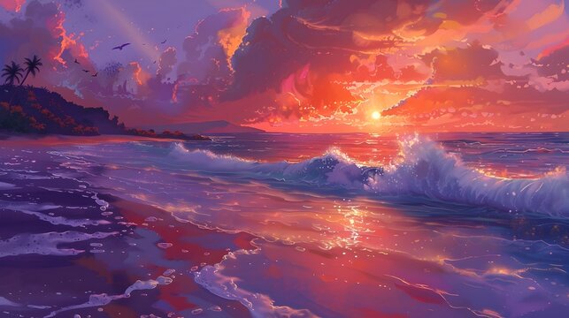 Tranquil Beach Sunset in D with Fiery Orange and Purple Hues
