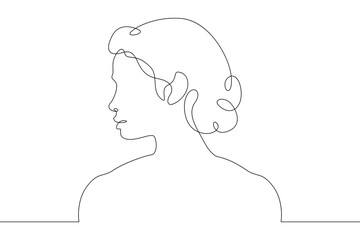 Continuous one line drawing sketch design illustration.Portrait of the head of a female character in profile.Woman face Abstract concept line art silhouette contour. Graphic design outline isolated