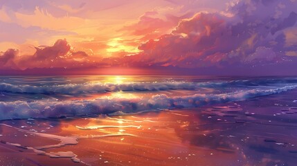 Obraz premium Tranquil Beach Sunset Soothing D Illustrated Seamless Pattern